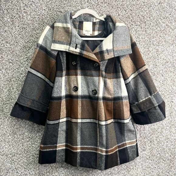 Elevenses for Anthropologie Hampden Plaid Pea Coat with Removable Hood - Picture 1 of 7